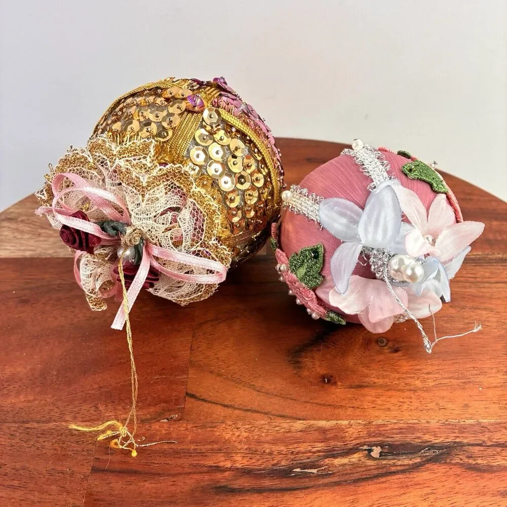 Lot of 4 Vintage Beaded Pushpin Christmas Ornaments Sequins Roses Lace